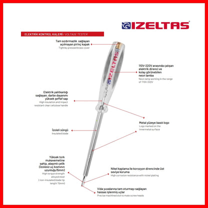 İzeltaş | Kontrol Kalemi, 135 mm, Elektrik Akımı Testi için Güvenli ve Hassas
