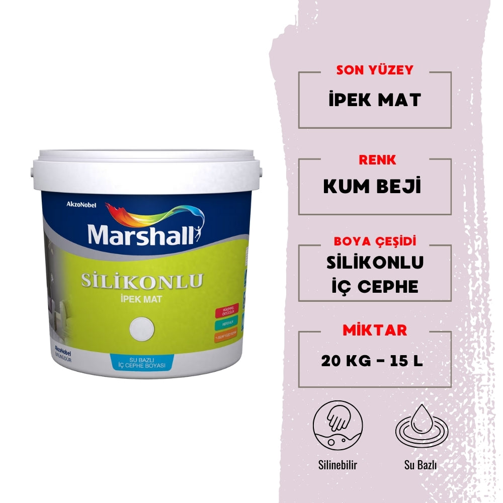 Marshall | Silikonlu İpek Mat, Su Bazlı İç Cephe Boyası, Kum Beji, 15 L - 20 kg - Rodoplu Store