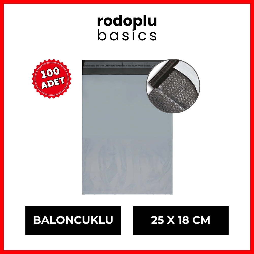 Rodoplu Basics | Kargo Poşeti, 25 x 18 cm, Yırtılmaya - Darbeye Dayanıklı Patpat, Baloncuklu Naylon Poşet, 100 Adet