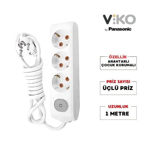 Viko | Üçlü Grup Priz, Anahtarlı Topraklı - Çocuk Korumalı Çoğaltıcı Priz, 3'lü, 1 m, Beyaz - Rodoplu Store