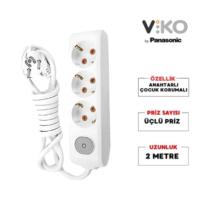 Viko | Üçlü Grup Priz, Anahtarlı Topraklı - Çocuk Korumalı Çoğaltıcı Priz, 3'lü, 2 m, Beyaz - Rodoplu Store