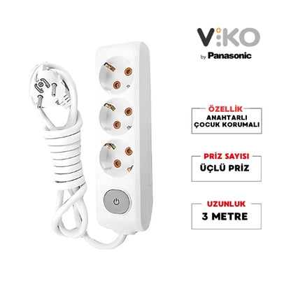 Viko | Üçlü Grup Priz, Anahtarlı Topraklı - Çocuk Korumalı Çoğaltıcı Priz, 3'lü, 3 m, Beyaz - Rodoplu Store