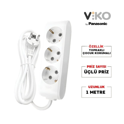 Viko | Üçlü Grup Priz, Topraklı - Çocuk Korumalı Çoğaltıcı Priz, 3'lü, 1 m, Beyaz - Rodoplu Store