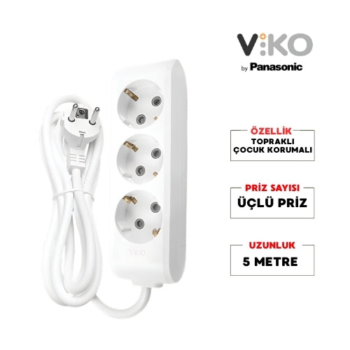 Viko | Üçlü Grup Priz, Topraklı - Çocuk Korumalı Çoğaltıcı Priz, 3'lü, 5 m, Beyaz - Rodoplu Store