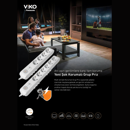 Viko | Altılı Grup Priz, Akım Korumalı Topraklı - Çocuk Korumalı Çoğaltıcı Priz , 6'lı, 1.5 m