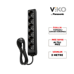 Altılı Çoklu Priz – Topraklı, Uzatma Kablosu, 6lı, 2m, Siyah ana görseli