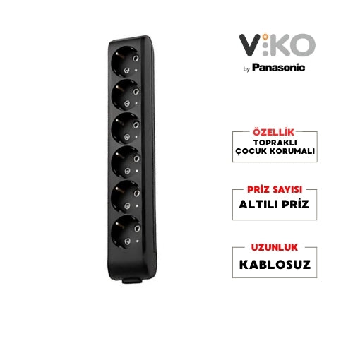 Viko | Altılı Grup Priz, Topraklı - Çocuk Korumalı Çoğaltıcı Priz, 6'lı, Kablosuz, Siyah - Rodoplu Store