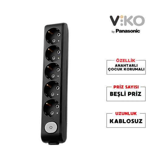 Viko |  Beşli Grup Priz, Anahtarlı Topraklı - Çocuk Korumalı Çoğaltıcı Priz, 5'li, Kablosuz, Siyah - Rodoplu Store