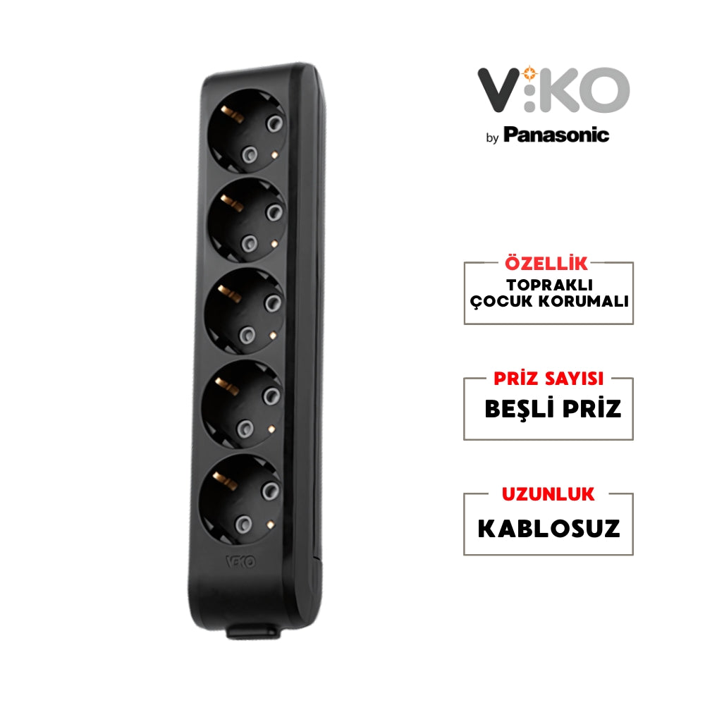 Viko |  Beşli Grup Priz, Topraklı - Çocuk Korumalı Çoğaltıcı Priz, 5'li, Kablosuz, Siyah - Rodoplu Store