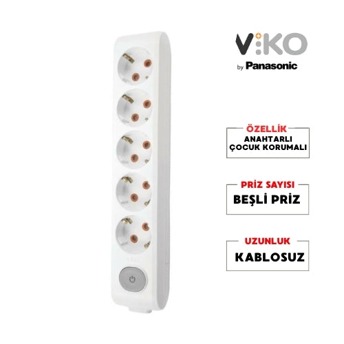 Viko | Beşli Grup Priz, Anahtarlı Topraklı - Çocuk Korumalı Çoğaltıcı Priz , 5'li, Kablosuz, Beyaz - Rodoplu Store