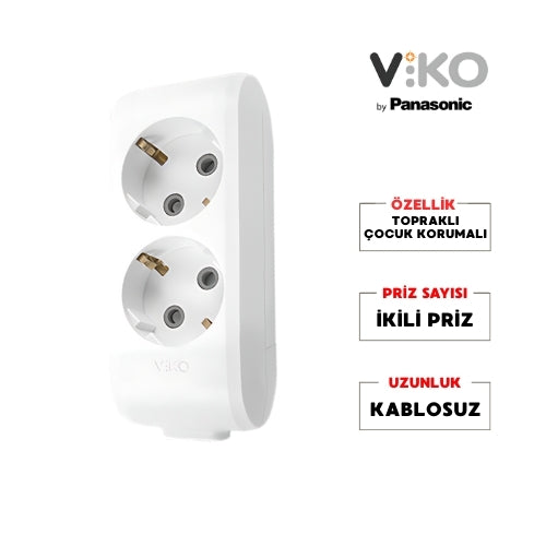 Viko | İkili Grup Priz, Topraklı - Çocuk Korumalı Çoğaltıcı Priz, 2'li, Kablosuz, Beyaz - Rodoplu Store