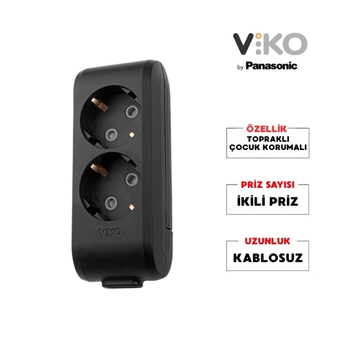 Viko | İkili Grup Priz, Topraklı - Çocuk Korumalı Çoğaltıcı Priz, 2'li, Kablosuz, Siyah - Rodoplu Store