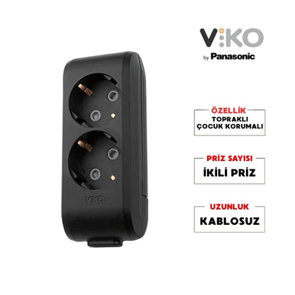 Viko | İkili Grup Priz, Topraklı - Çocuk Korumalı Çoğaltıcı Priz, 2'li, Kablosuz, Siyah - Rodoplu Store