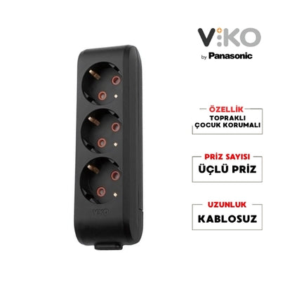 Viko | Üçlü Grup Priz, Topraklı - Çocuk Korumalı Çoğaltıcı Priz, 3'lü, Kablosuz, Siyah - Rodoplu Store