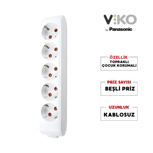 Viko | Beşli Grup Priz, Topraklı - Çocuk Korumalı Çoğaltıcı Priz, 5'li, Kablosuz, Beyaz - Rodoplu Store