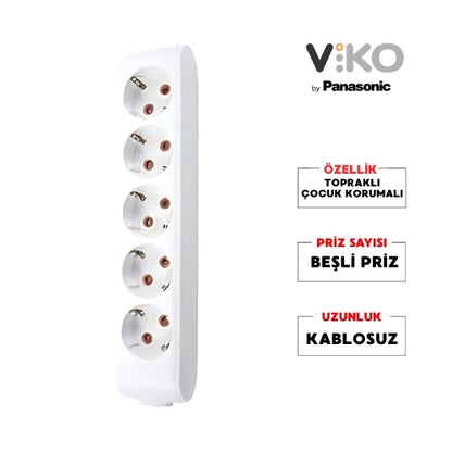 Viko | Beşli Grup Priz, Topraklı - Çocuk Korumalı Çoğaltıcı Priz, 5'li, Kablosuz, Beyaz - Rodoplu Store