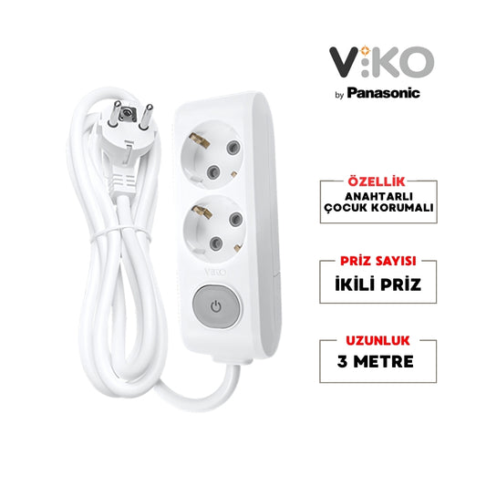 Viko |  İkili Grup Priz, Anahtarlı Topraklı - Çocuk Korumalı Çoğaltıcı Priz, 2'li, 3 m, Beyaz - Rodoplu Store