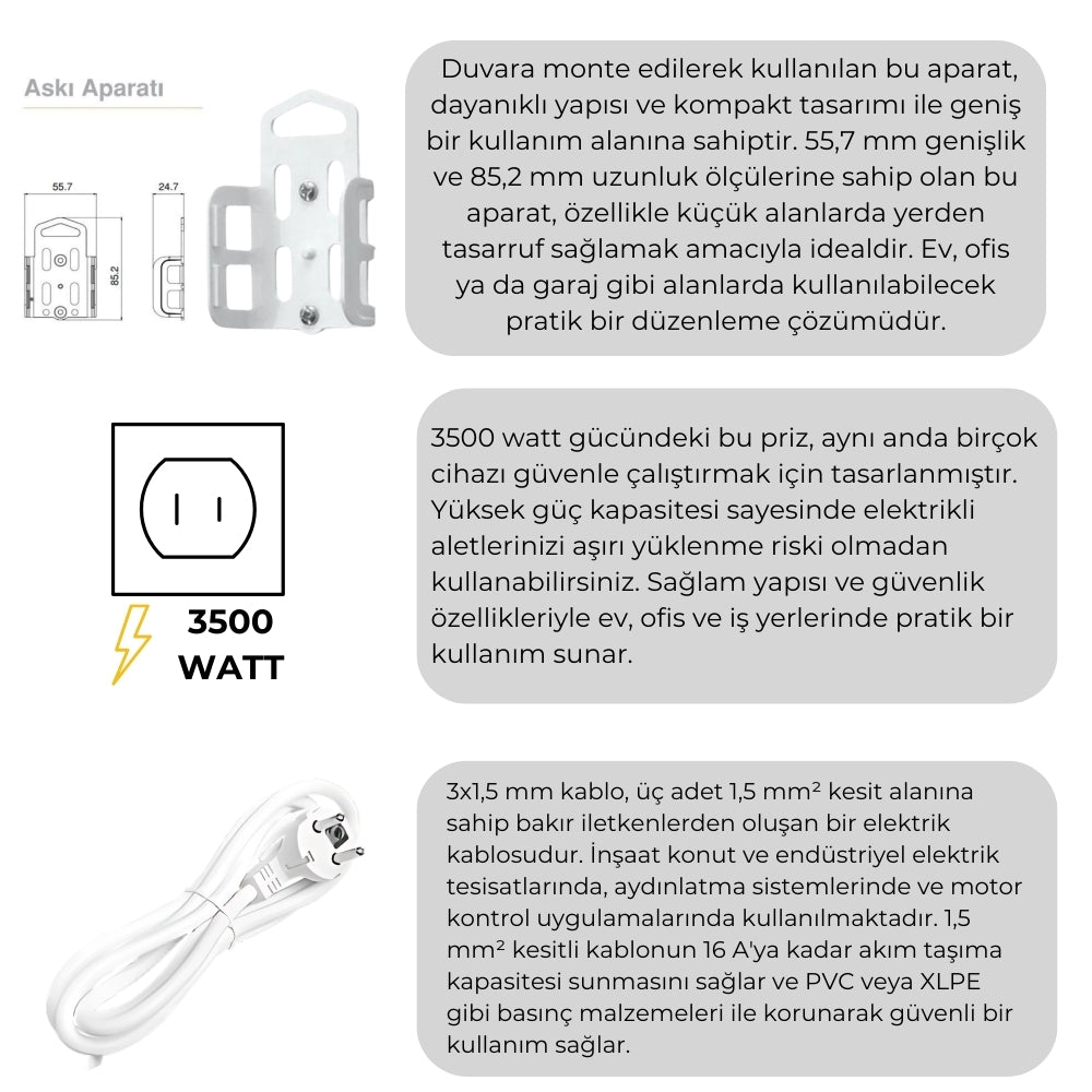 Üçlü Çoklu Priz – Anahtarlı Topraklı, Uzatma Kablosu, 3lü, 3m, Siyah