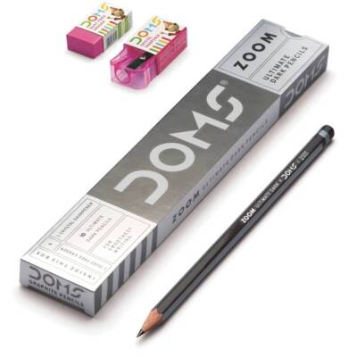 Doms Zoom Köşeli Kurşun Kalem 12'li + Silgi + Kalemtraş Seti, Pratik - Doms