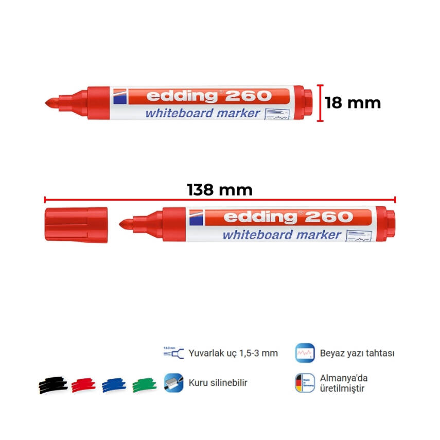 Edding Beyaz Tahta Kalemi E-260, 1.5-3 mm, Yuvarlak Uçlu, Kırmızı - 2