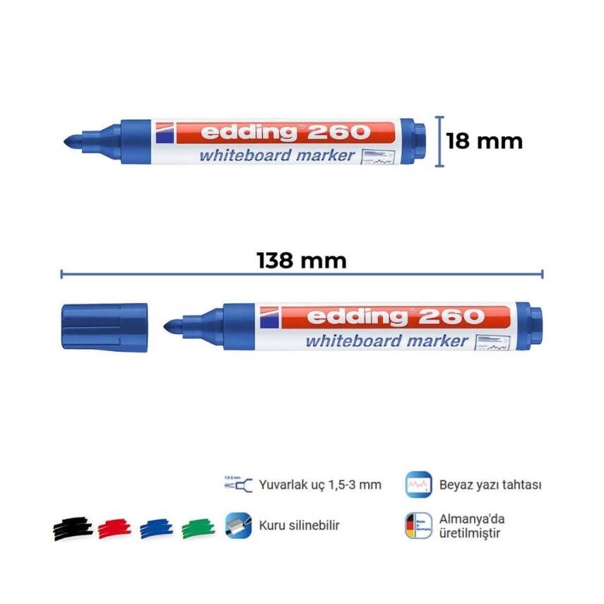 Edding E-260 Beyaz Tahta Kalemi , 1.5-3 mm, Yuvarlak Uçlu, Mavi - 2