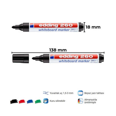 Edding Beyaz Tahta Kalemi E-260, 1.5-3 mm, Yuvarlak Uçlu, Siyah - 2