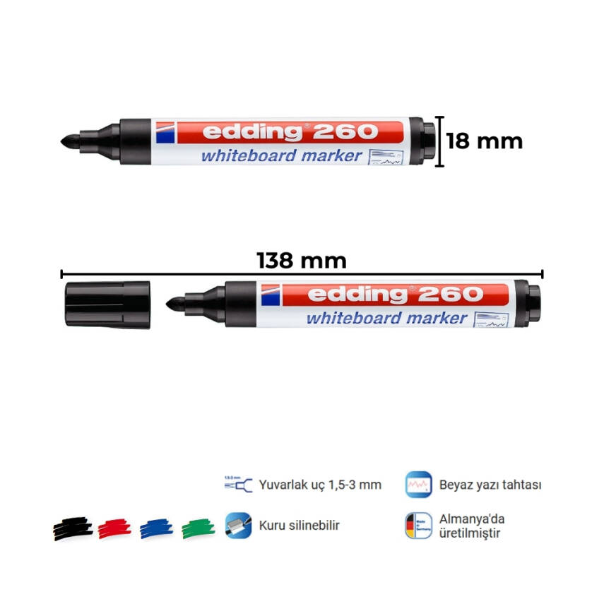 Edding Beyaz Tahta Kalemi E-260, 1.5-3 mm, Yuvarlak Uçlu, Siyah - 2