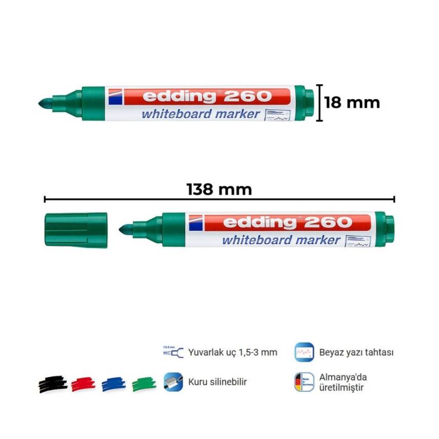 Edding E-260 Beyaz Tahta Kalemi, 1.5-3 mm, Yuvarlak Uçlu, Yeşil - 2