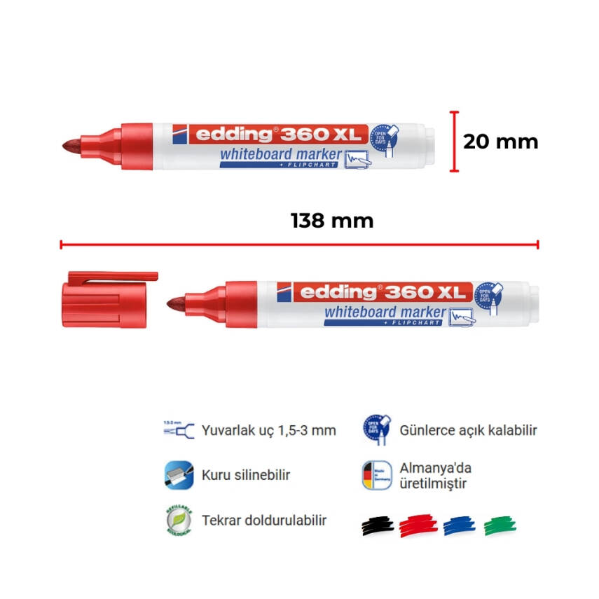 Edding Cap-Off Tahta Kalemi, E-360 XL, 1.5-3mm, Doldurulabilir,Kırmızı - 2