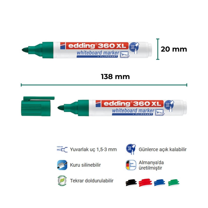 Edding Cap-Off Tahta Kalemi, E-360 XL, 1.5-3mm, Doldurulabilir, Yeşil - 2