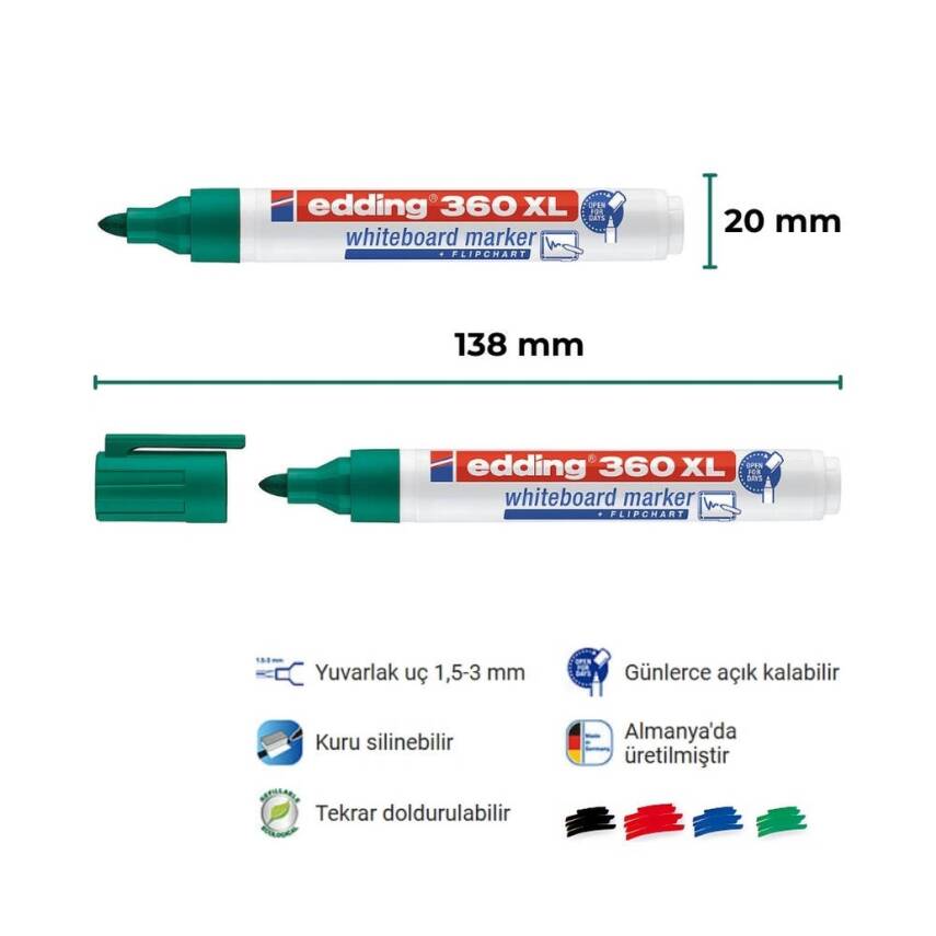 Edding E-360 XL Cap-Off Tahta Kalemi, 1.5-3 mm, Doldurulabilir, Yeşil - 2