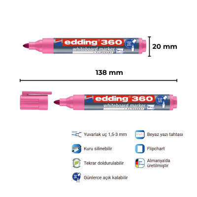 Edding Cap Off E-360 Beyaz Tahta Kalemi, Pembe,Yuvarlak 1,5-3 mm Uç - 3