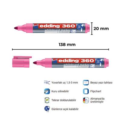 Edding E-360 Cap Off Beyaz Tahta Kalemi, Yuvarlak 1,5-3 mm Uç, Pembe - 3
