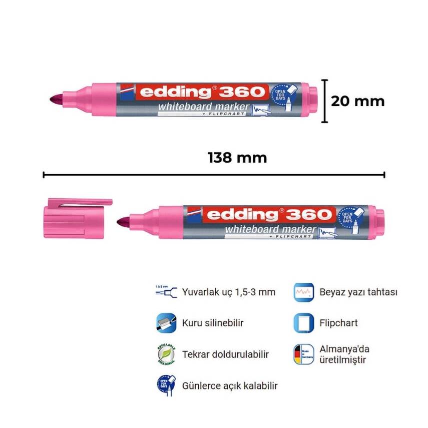 Edding E-360 Cap Off Beyaz Tahta Kalemi, Yuvarlak 1,5-3 mm Uç, Pembe - 3