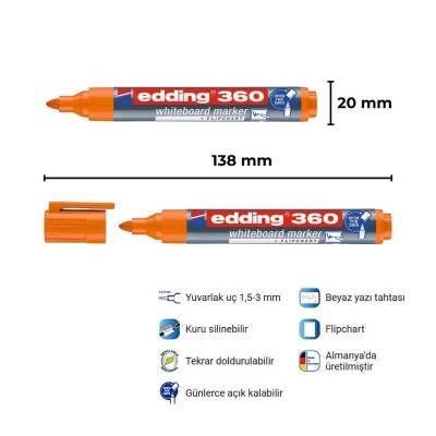 Edding E-360 Cap Off Beyaz Tahta Kalemi, Yuvarlak 1,5-3 mm Uç, Turuncu - 3