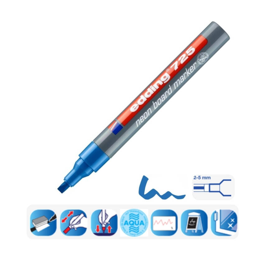 Edding E-725 Beyaz Tahta Kalemi, Fosforlu Mavi, Kolay Kullanım, 2-5mm - 3