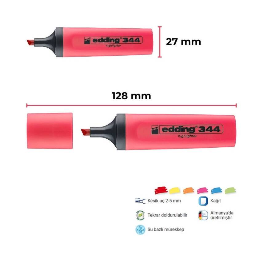 Edding E-344 Fosforlu Kalem, 2-5 mm, Kesik Uçlu, Kırmızı(Nar Çiçeği) - 2