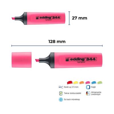 Edding E-344 Fosforlu Kalem, 2-5 mm, Kesik Uçlu, Doldurulabilir, Pembe - 2
