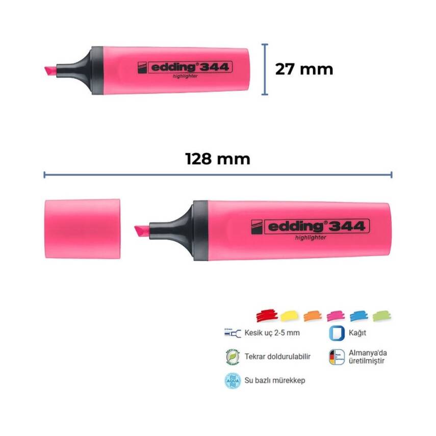Edding E-344 Fosforlu Kalem, 2-5 mm, Kesik Uçlu, Doldurulabilir, Pembe - 2