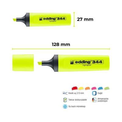 Edding E-344 Fosforlu Kalem, 2-5 mm, Kesik Uçlu, Doldurulabilir, Sarı - 2