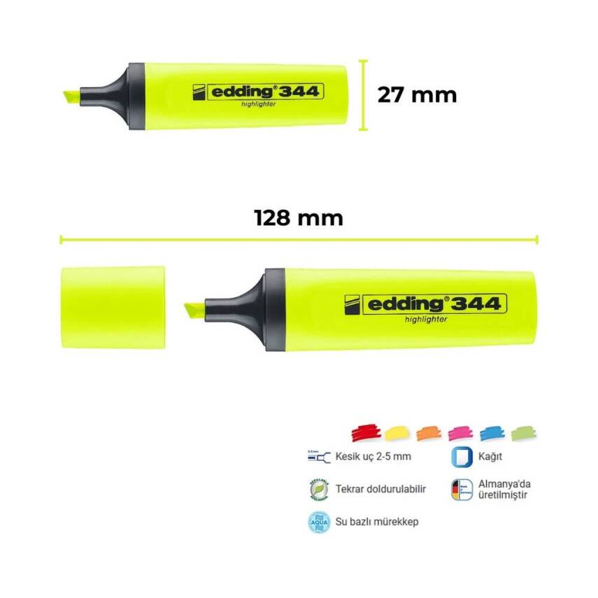 Edding E-344 Fosforlu Kalem, 2-5 mm, Kesik Uçlu, Doldurulabilir, Sarı - 2