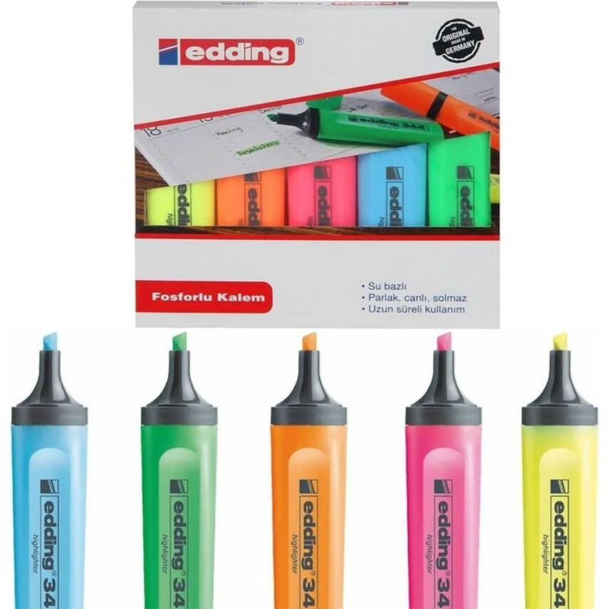 Edding Fosforlu Kalem Seti E-344, 5'li Paket, 2-5 mm,Su Bazlı Mürekkep - 3
