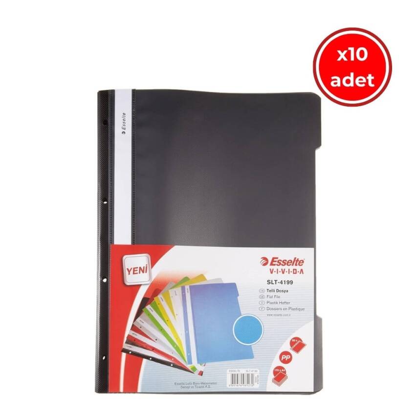 Esselte Telli Dosya, 10 Adet, 50'li Paket, A4, 4 Delikli, Siyah - 1