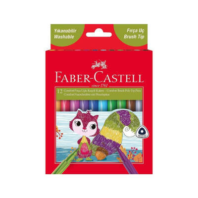 Faber Castell Comfort Keçeli Kalem, Fırça Uçlu, 12 Renk, Canlı Renkler - 1