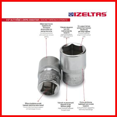 İzeltaş Altı Köşe Lokma Anahtar, 1/2 İnç 10 mm, Yüksek Tork Dayanımı - 6