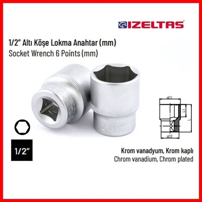 İzeltaş Altı Köşe Lokma Anahtar, 1/2 İnç 12 mm, Yüksek Tork Dayanımı - 3