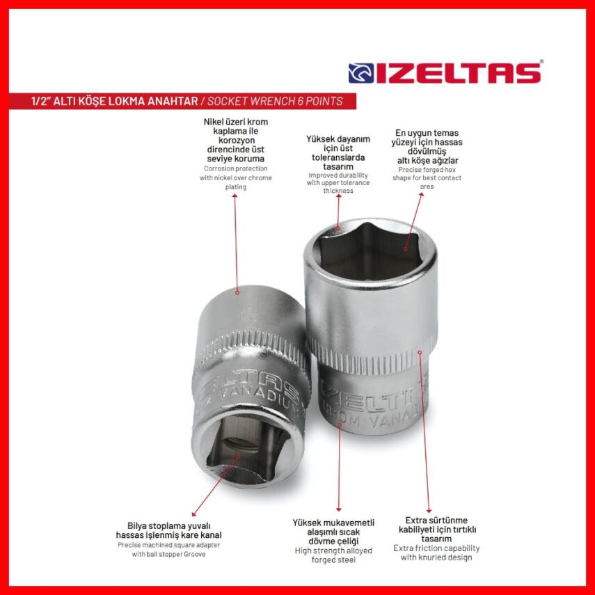 İzeltaş Altı Köşe Lokma Anahtar, 1/2 İnç 14 mm, Yüksek Tork Dayanımı - 6