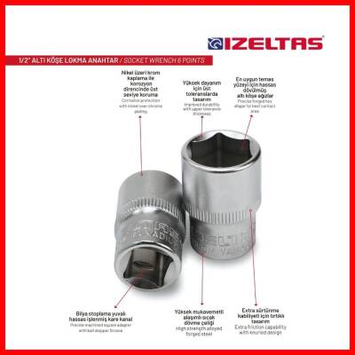 İzeltaş Altı Köşe Lokma Anahtar, 1/2 İnç 19 mm, Yüksek Tork Dayanımı - 6