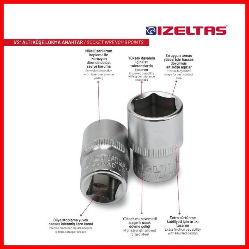 İzeltaş Altı Köşe Lokma Anahtar, 1/2 İnç 19 mm, Yüksek Tork Dayanımı - 6