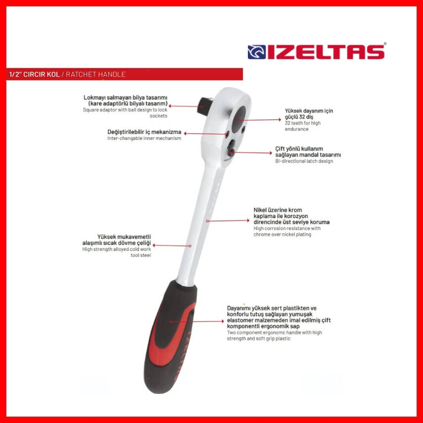İzeltaş Cırcır Kolu,1/2 İnç 250mm, 32 Diş, Dayanıklı ve Hassas Kontrol - 5